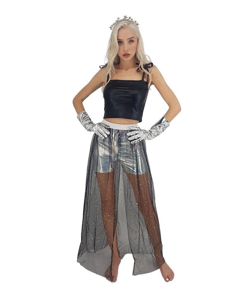 טול ארוך עם כוכבים וחגורה כסופה ✨ - שחור