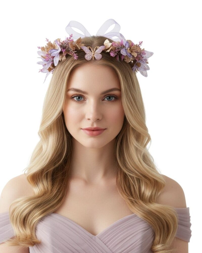 נזר קסום עלים ופרפרים ורודים