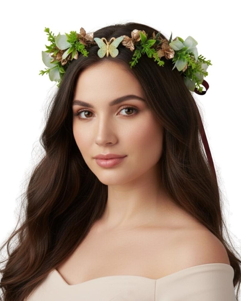 נזר קסום עלים ופרפרים ירוקים