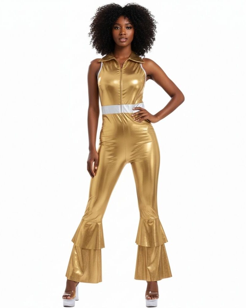 סרבל דיסקו זהב מטאלי לנשים – תחפושת פורים יוקרתית