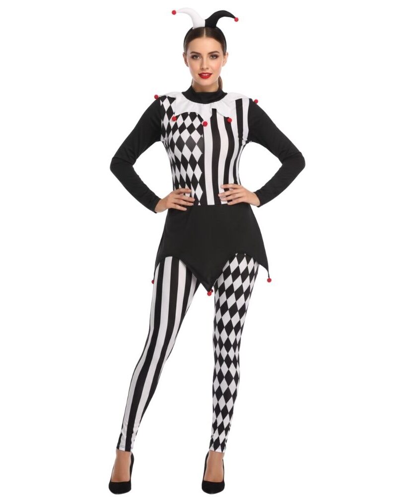 ⭐ תחפושת ליצנית שחור-לבן לנשים : דגם Jester קלאסי ומטורף ⭐ מידה M