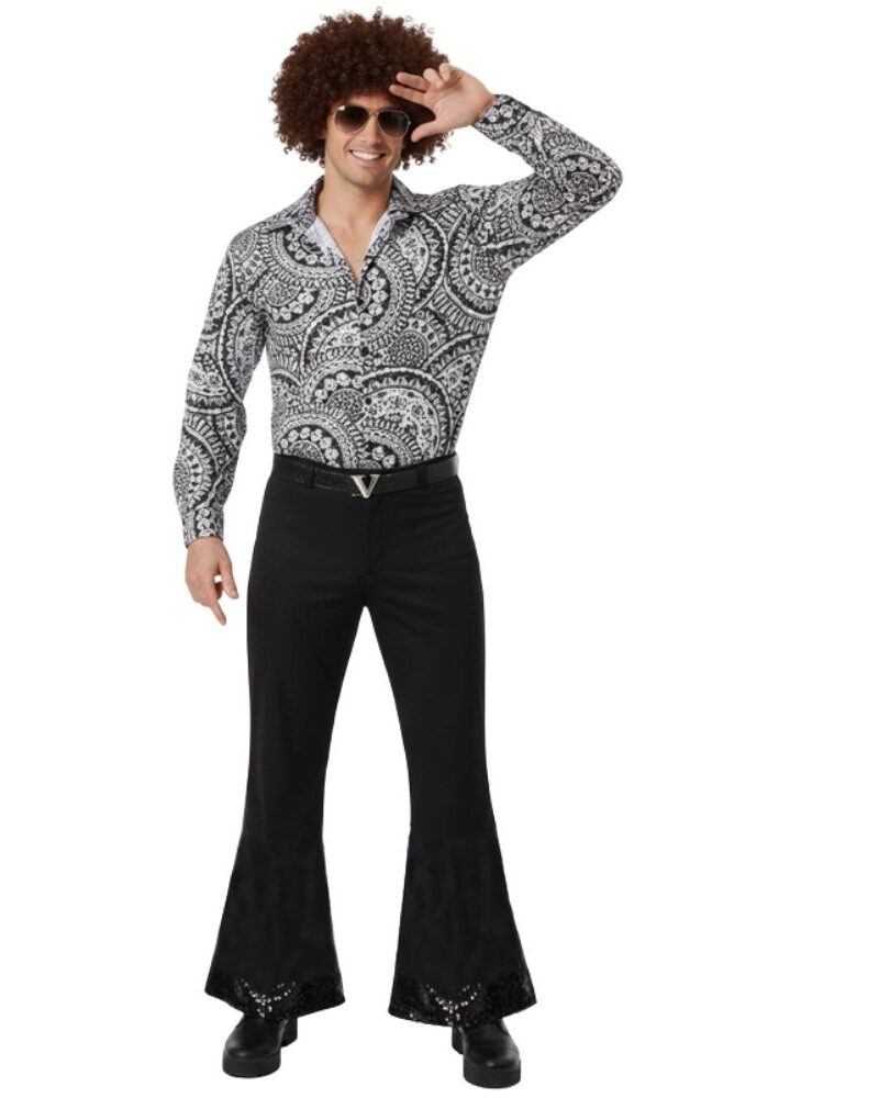 תחפושת דיסקו לגבר : חולצה ומכנס מתרחב סטייל שנות ה־70 🕺✨