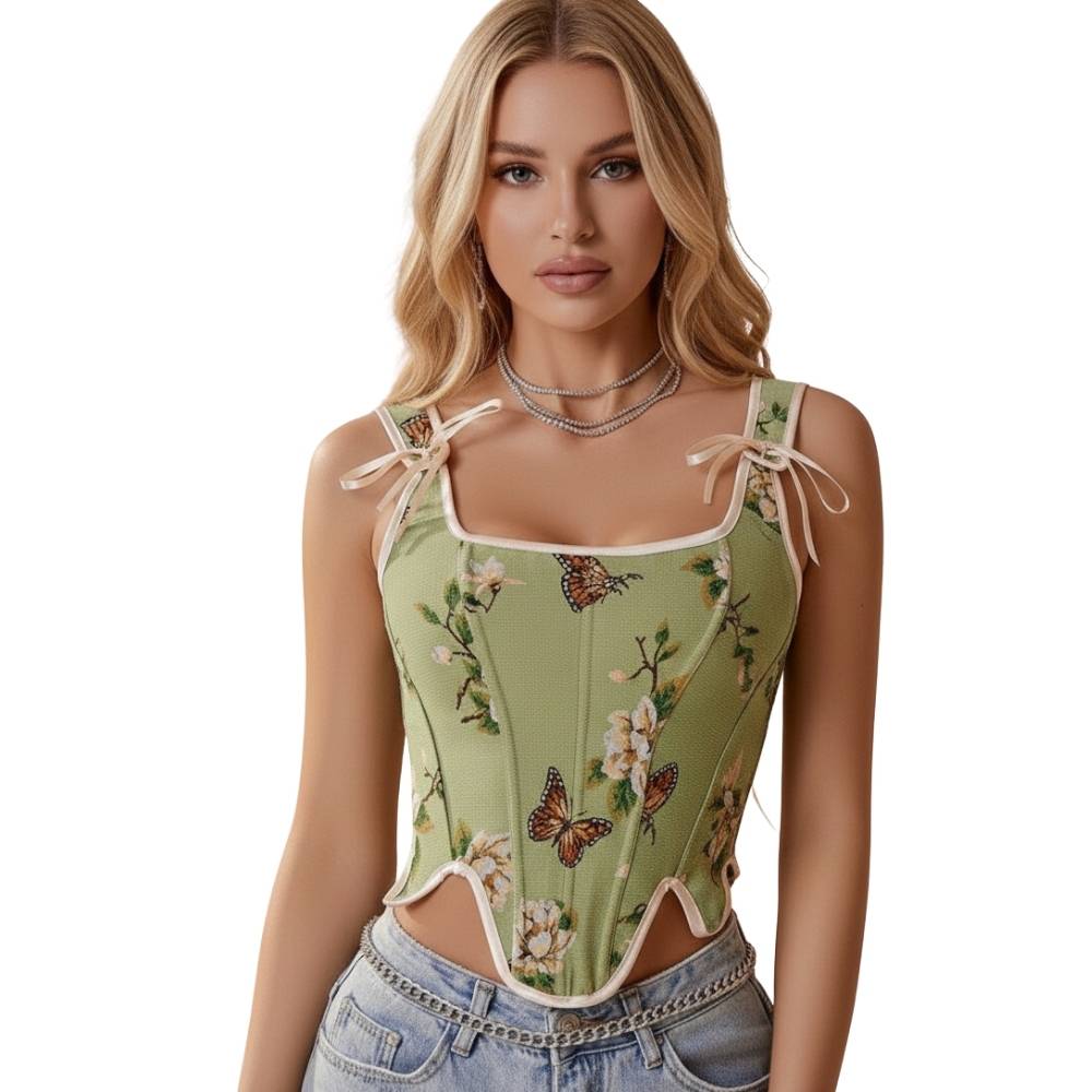 "דוגמנית לובשת מחוך עצמות פרימיום בהדפס פרפרים ופרחים על רקע ירוק פיסטוק"